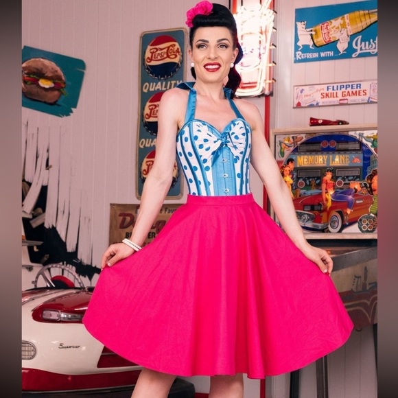 Corset Story | UNIQUE Steel-Boned Cyan Polkadot Halter Overbust Corset, US4, NWT - Picture 7 of 16